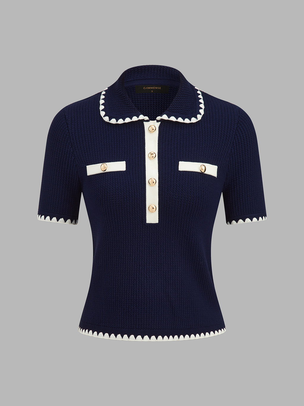 Scallop Trim Polo Collar Knit Short Sleeve Top