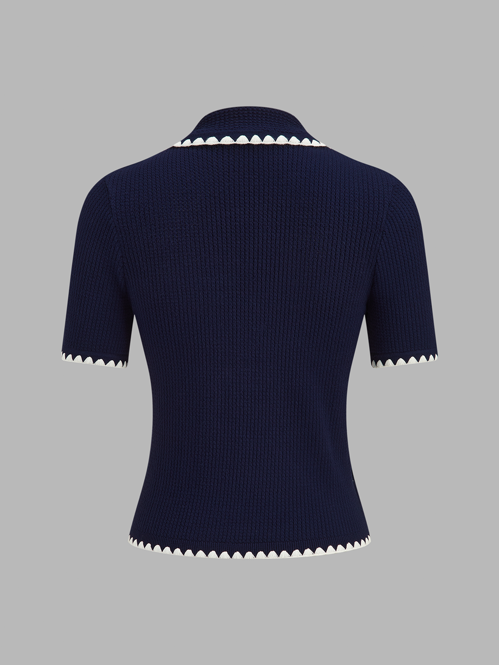 Scallop Trim Polo Collar Knit Short Sleeve Top