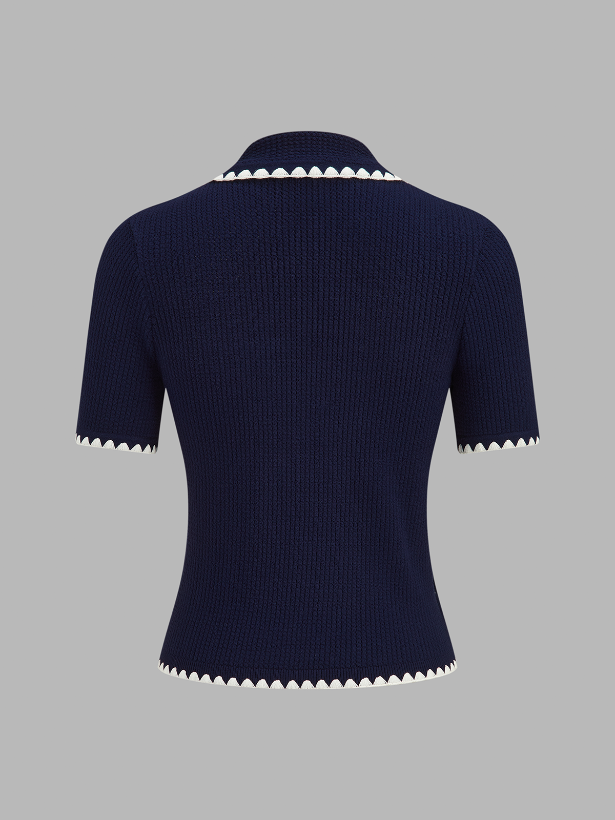 Scallop Trim Polo Collar Knit Short Sleeve Top
