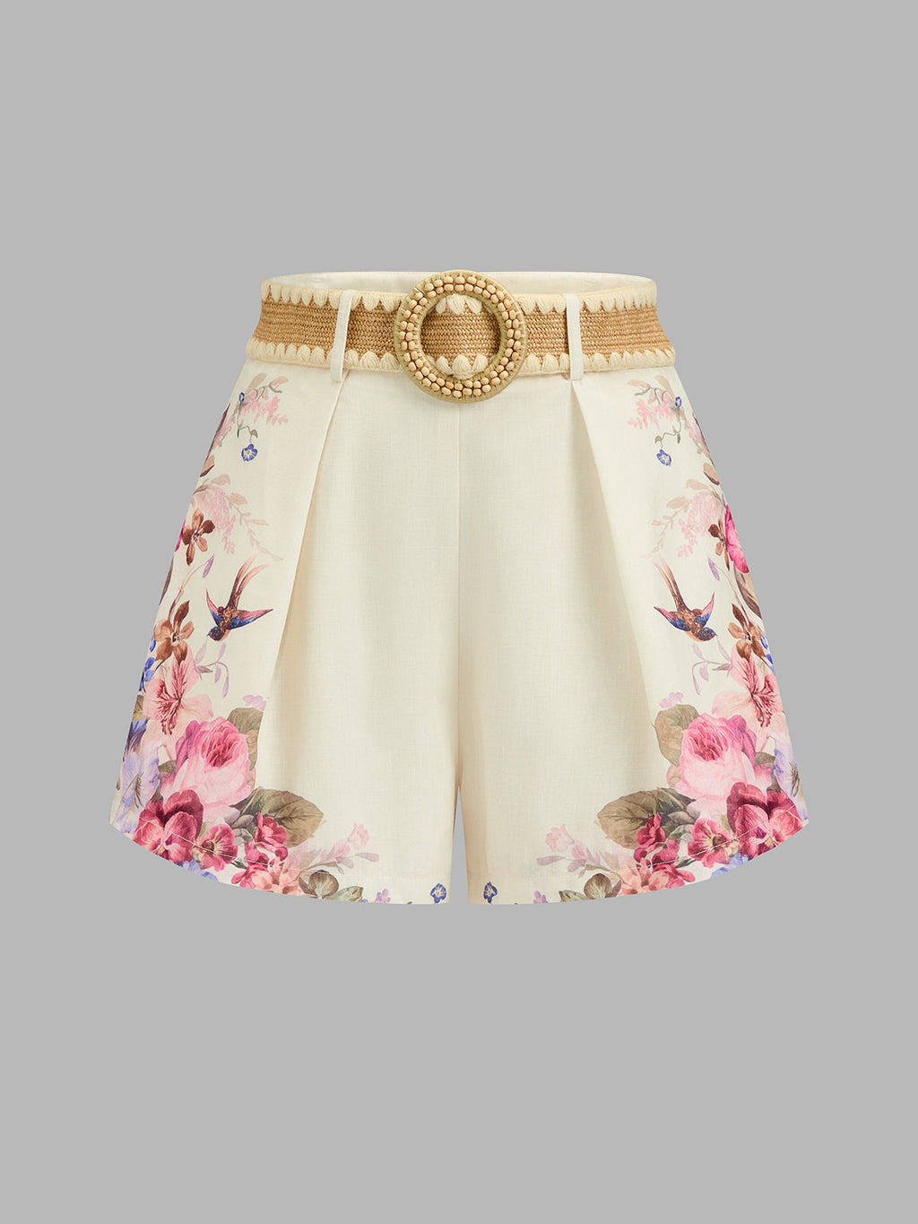 Floral Bird Print Pleated Belted Shorts