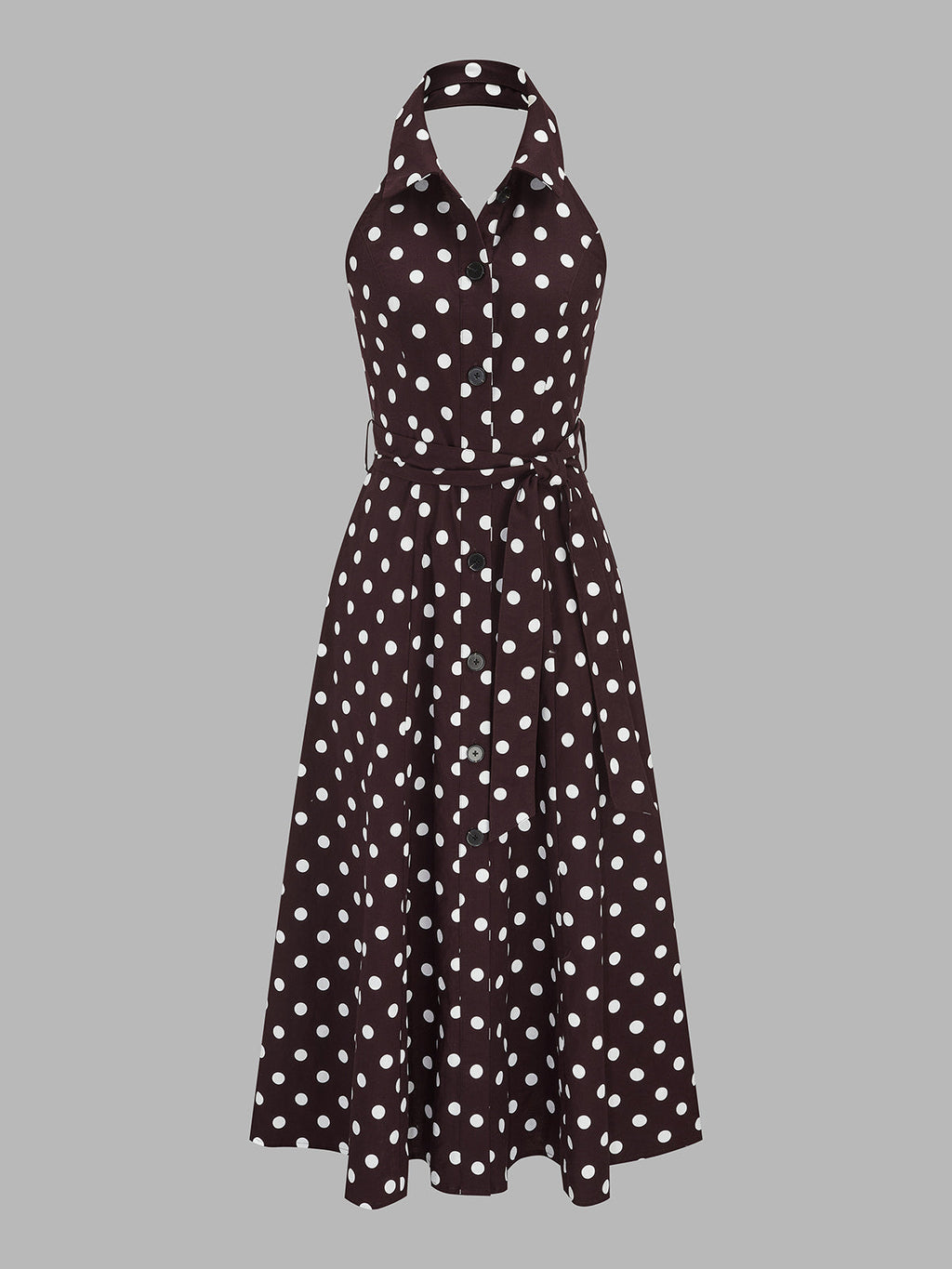 Polka Dot Halter Belted Cotton Linen Midi Dress