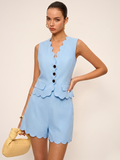 Scallop Trim Buttoned Vest & Shorts Set