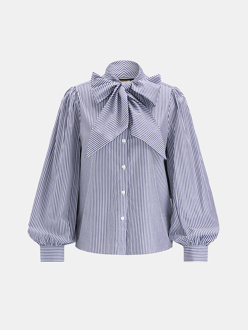 Striped Bow Balloon Sleeve Cotton Shirt