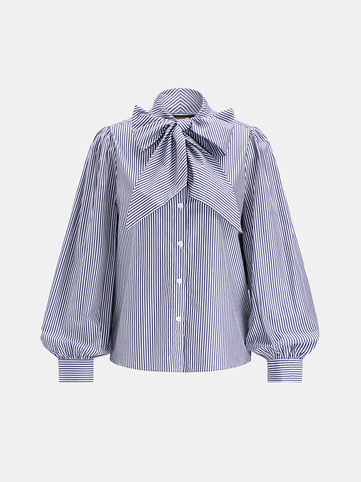 Striped Bow Balloon Sleeve Cotton Shirt