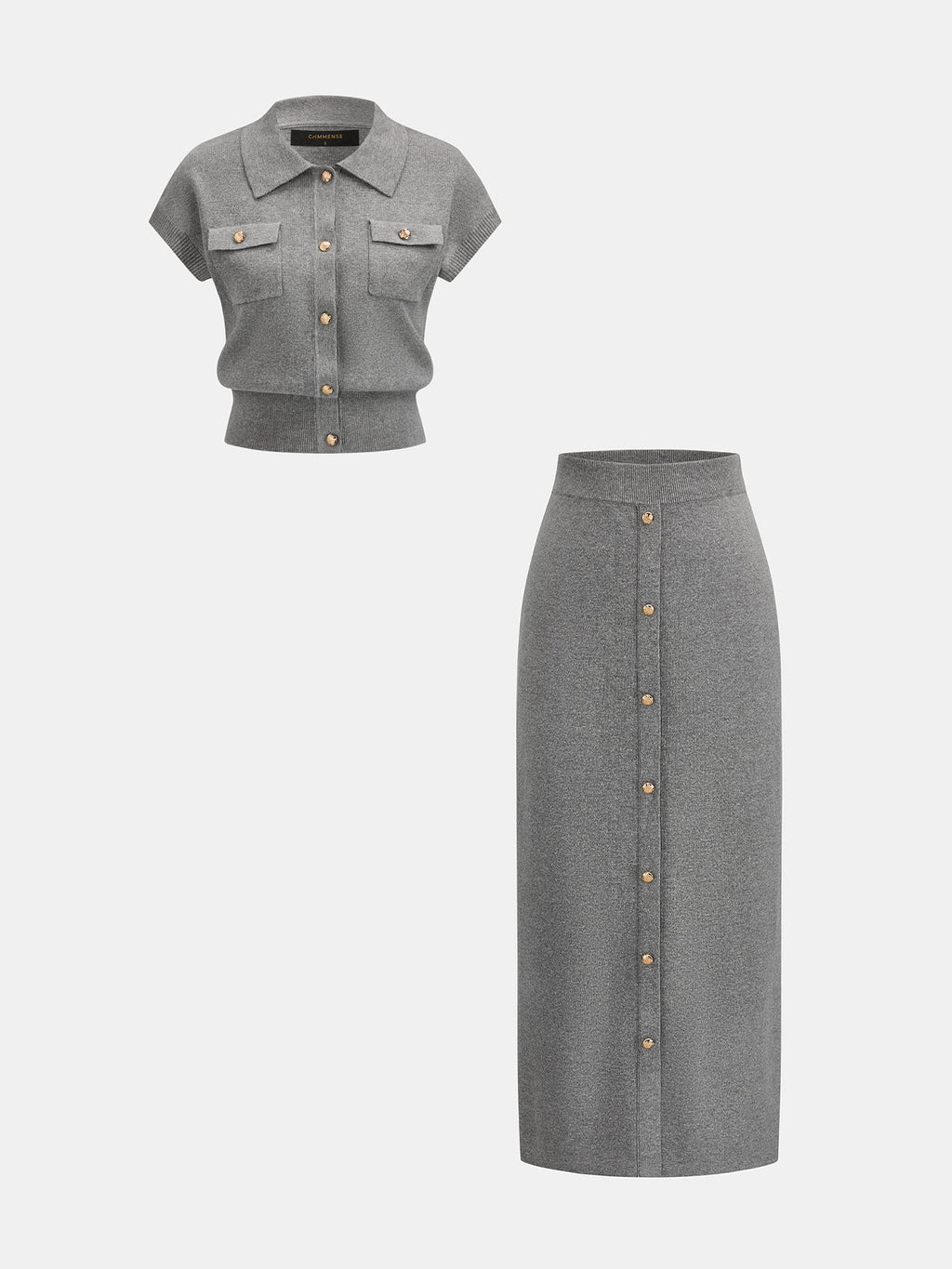 Metal Button Knit Two Piece Skirt Set