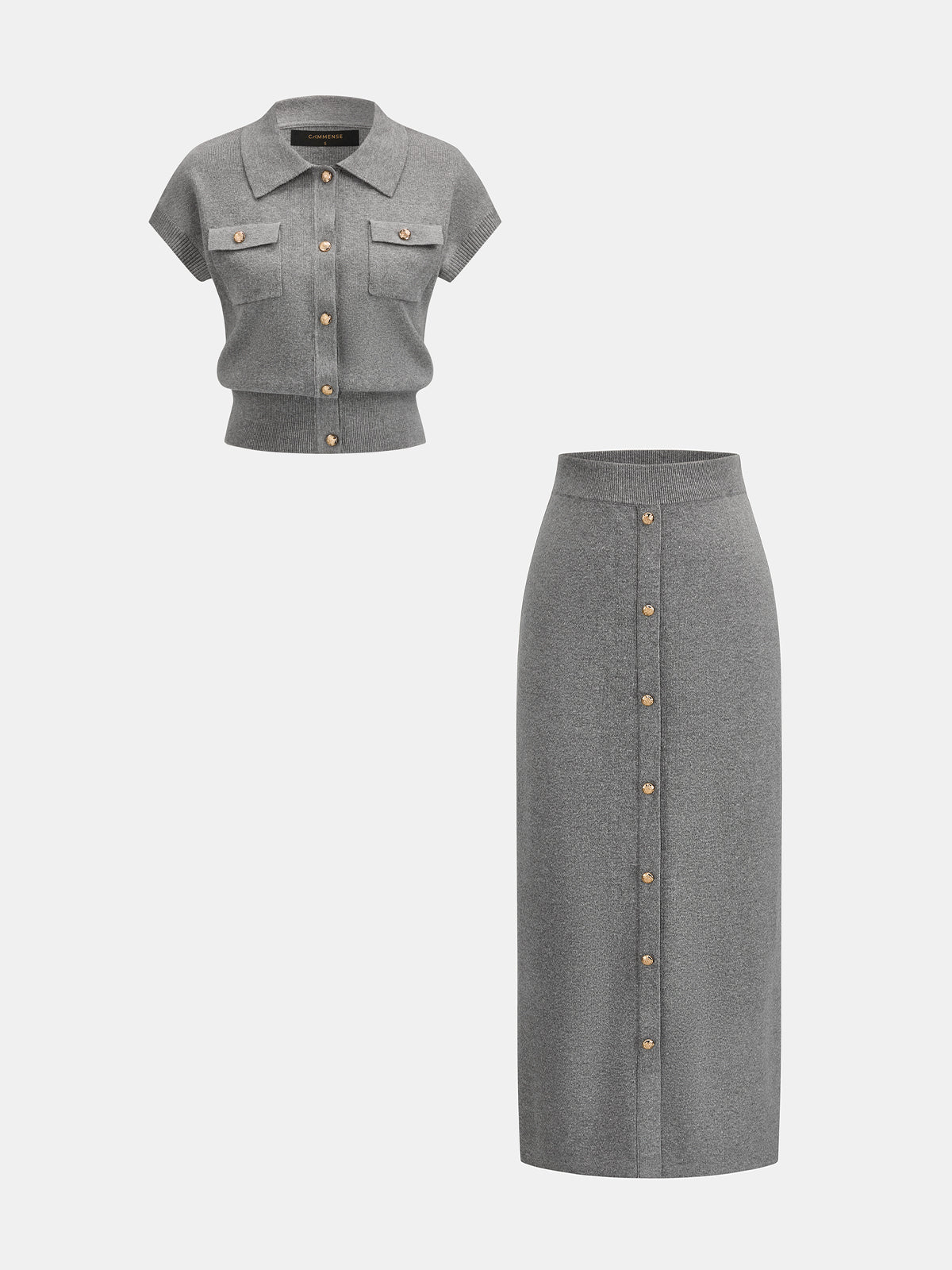 Metal Button Knit Two Piece Skirt Set