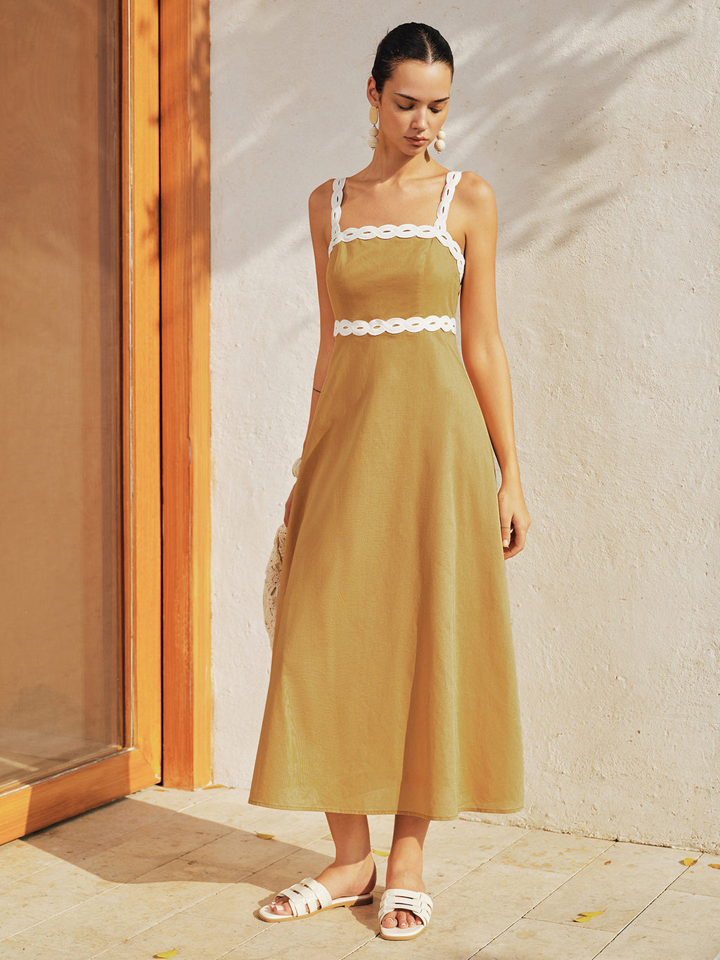 Contrast Trim Cotton Linen Midi Dress