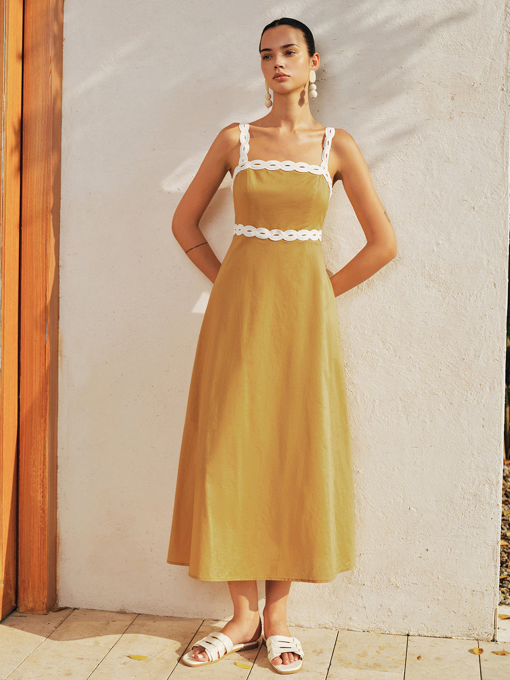 Contrast Trim Cotton Linen Midi Dress