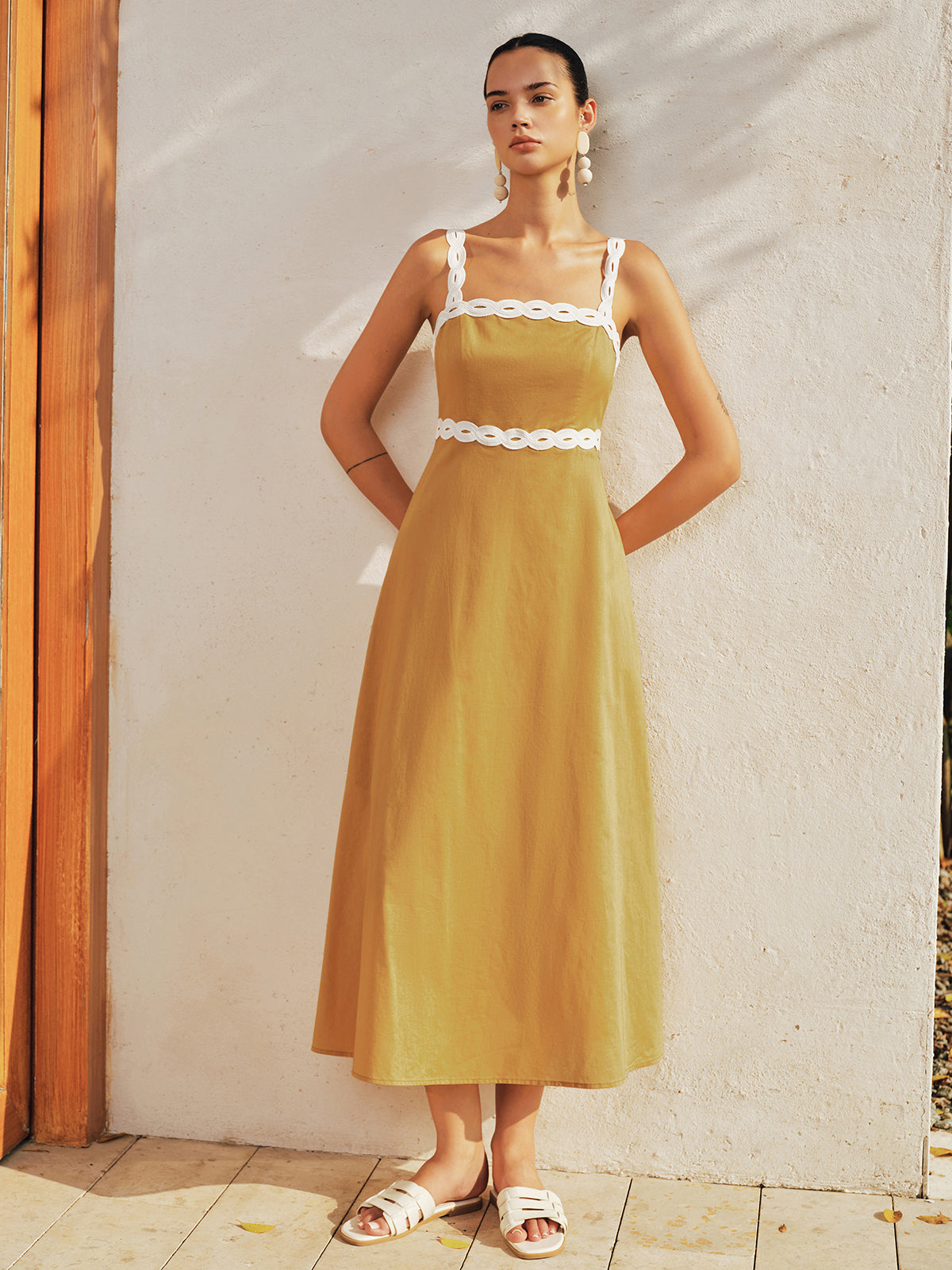 Contrast Trim Cotton Linen Midi Dress