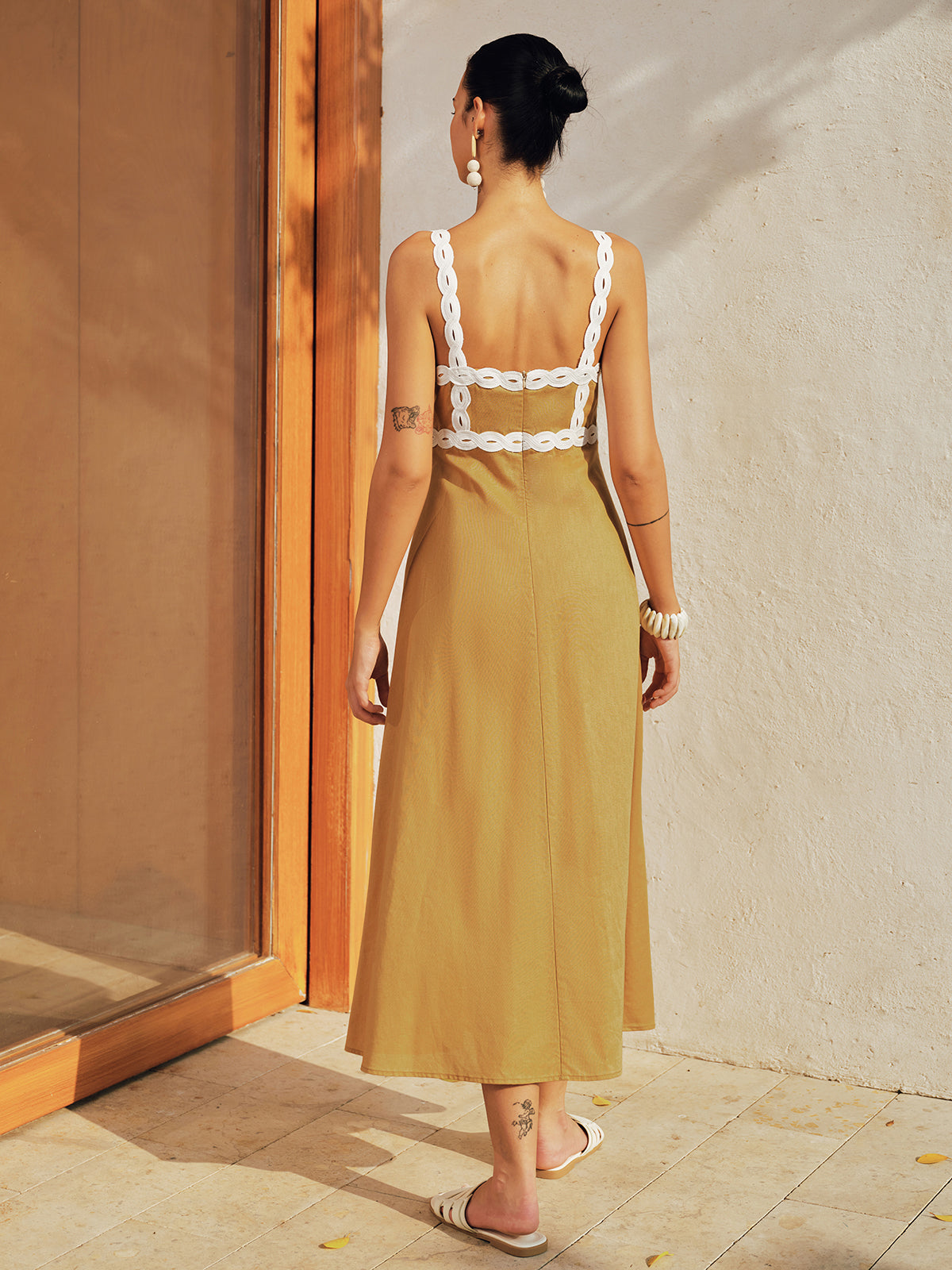 Contrast Trim Cotton Linen Midi Dress