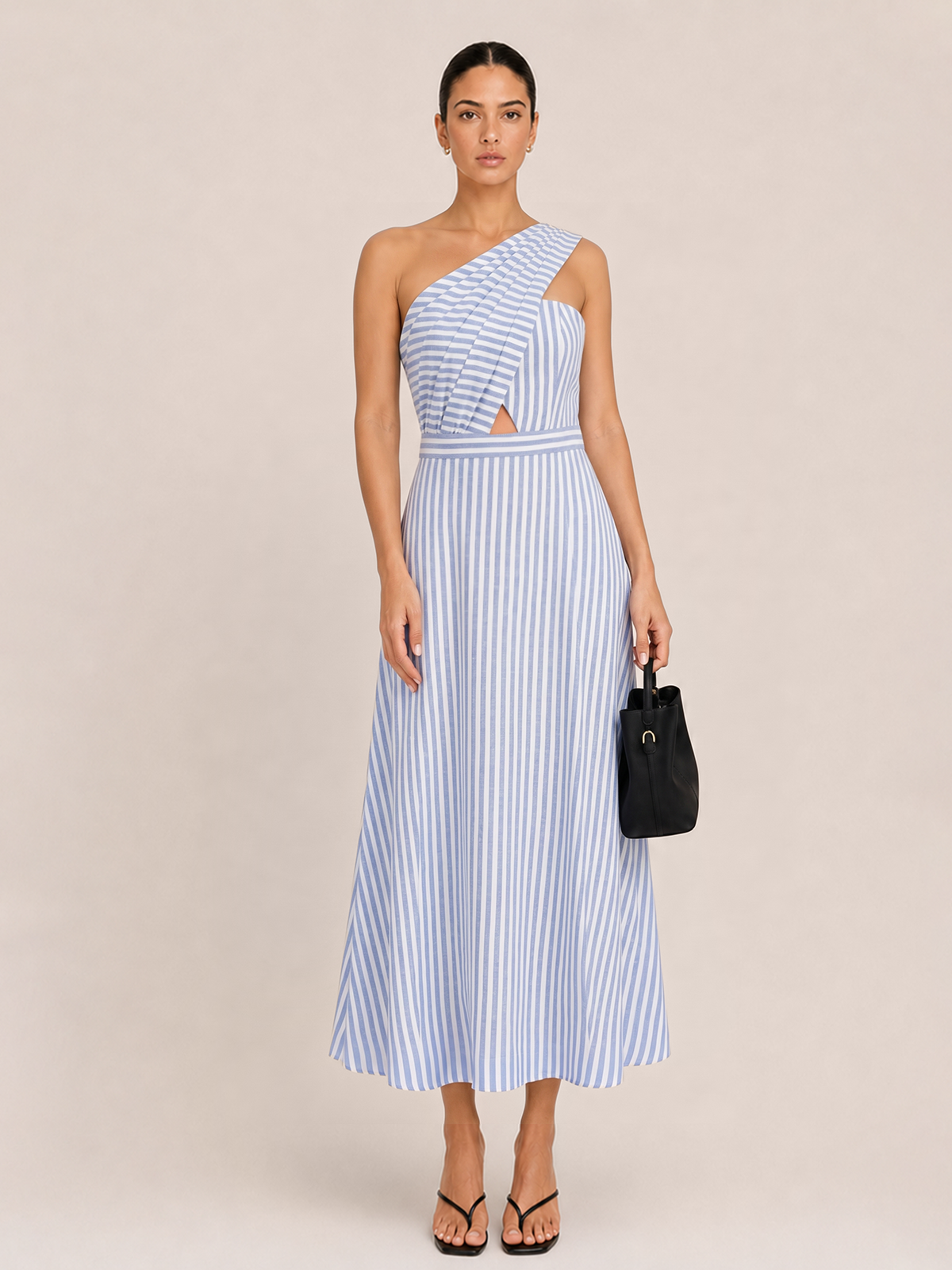 One Shoulder Striped Midi Dress