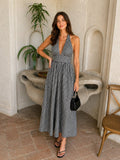 Gingham Deep V Halter Cotton Midi Dress