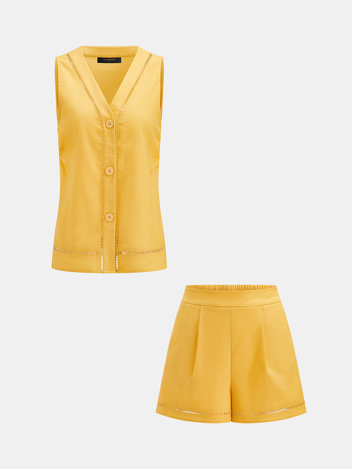 Hollow Trim Linen Blend Two Piece Shorts Set