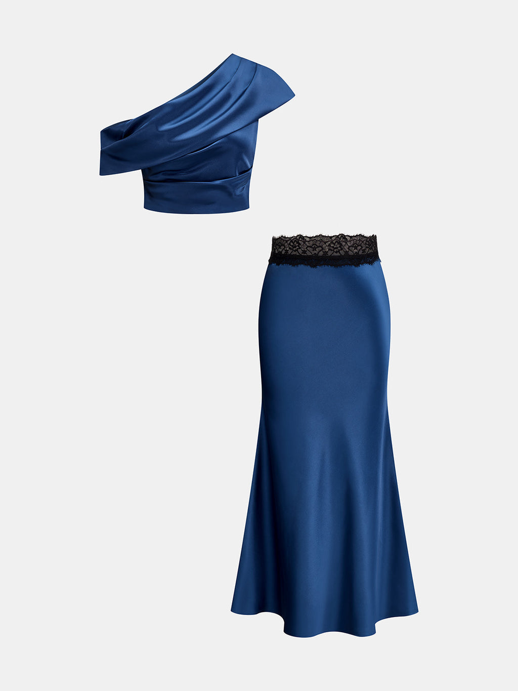 Draped Satin Top & Lace Waist Mermaid Skirt Set