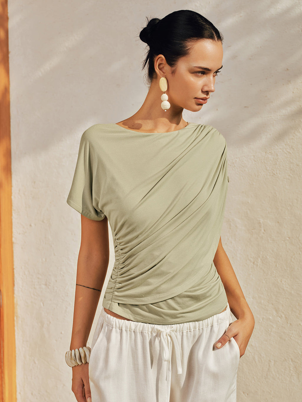 Draped Short Sleeve Asymmetric Hem Slim Top