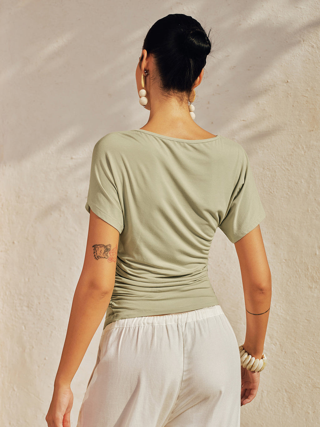Draped Short Sleeve Asymmetric Hem Slim Top