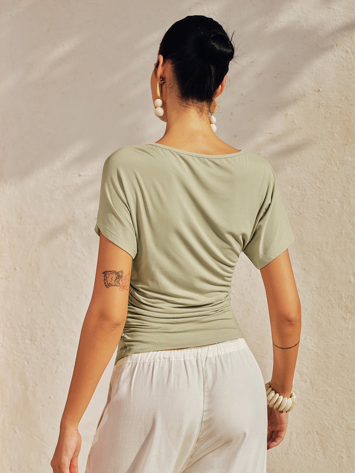 Draped Short Sleeve Asymmetric Hem Slim Top