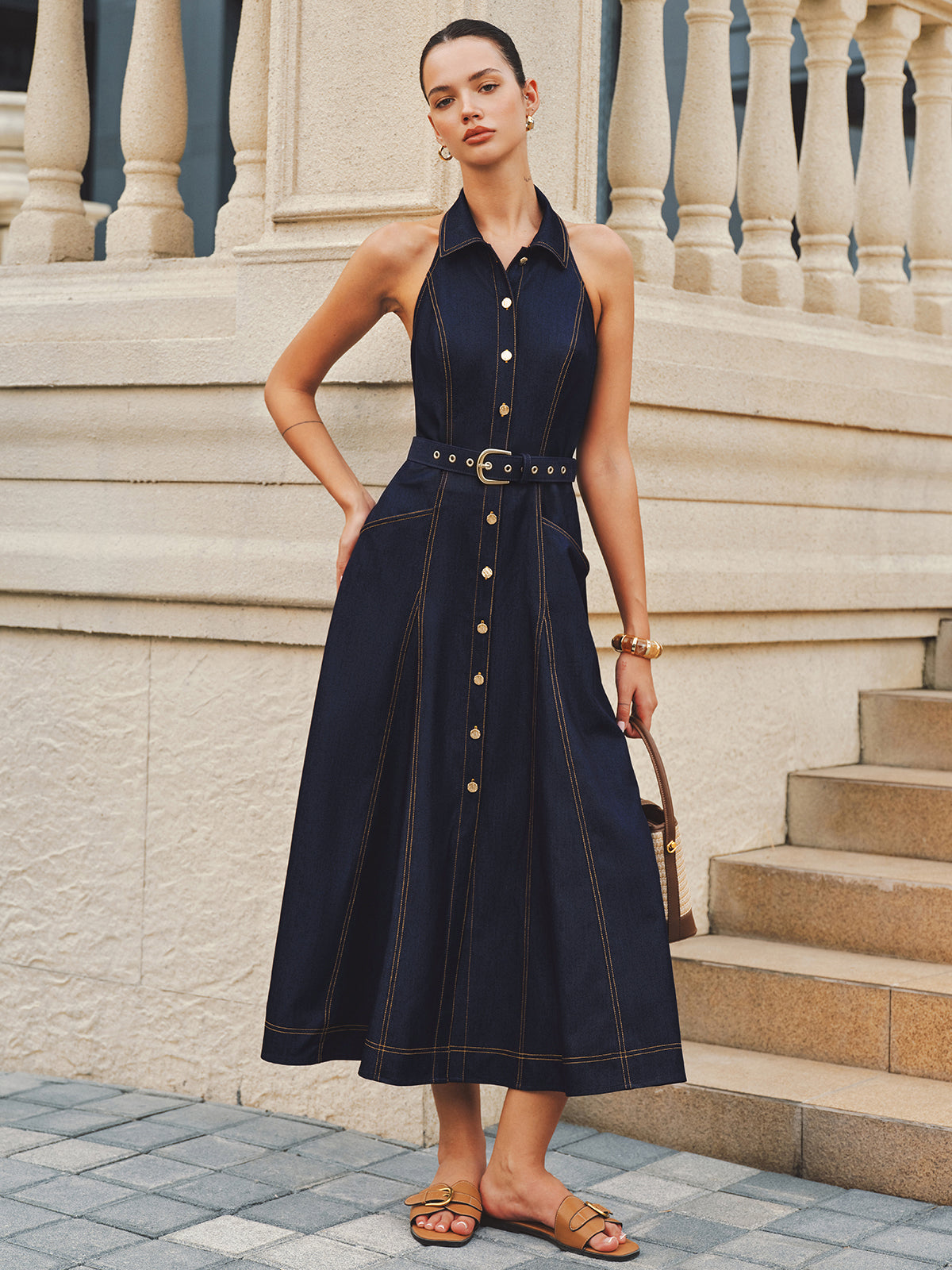Halter A-Line Belted Denim Dress