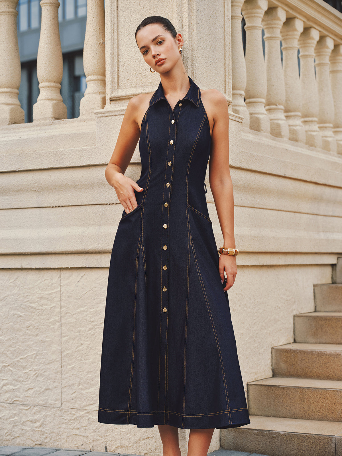 Halter A-Line Belted Denim Dress