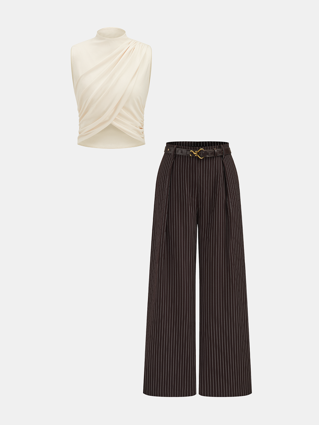 Ruched Sleeveless Top & Striped Pants Set