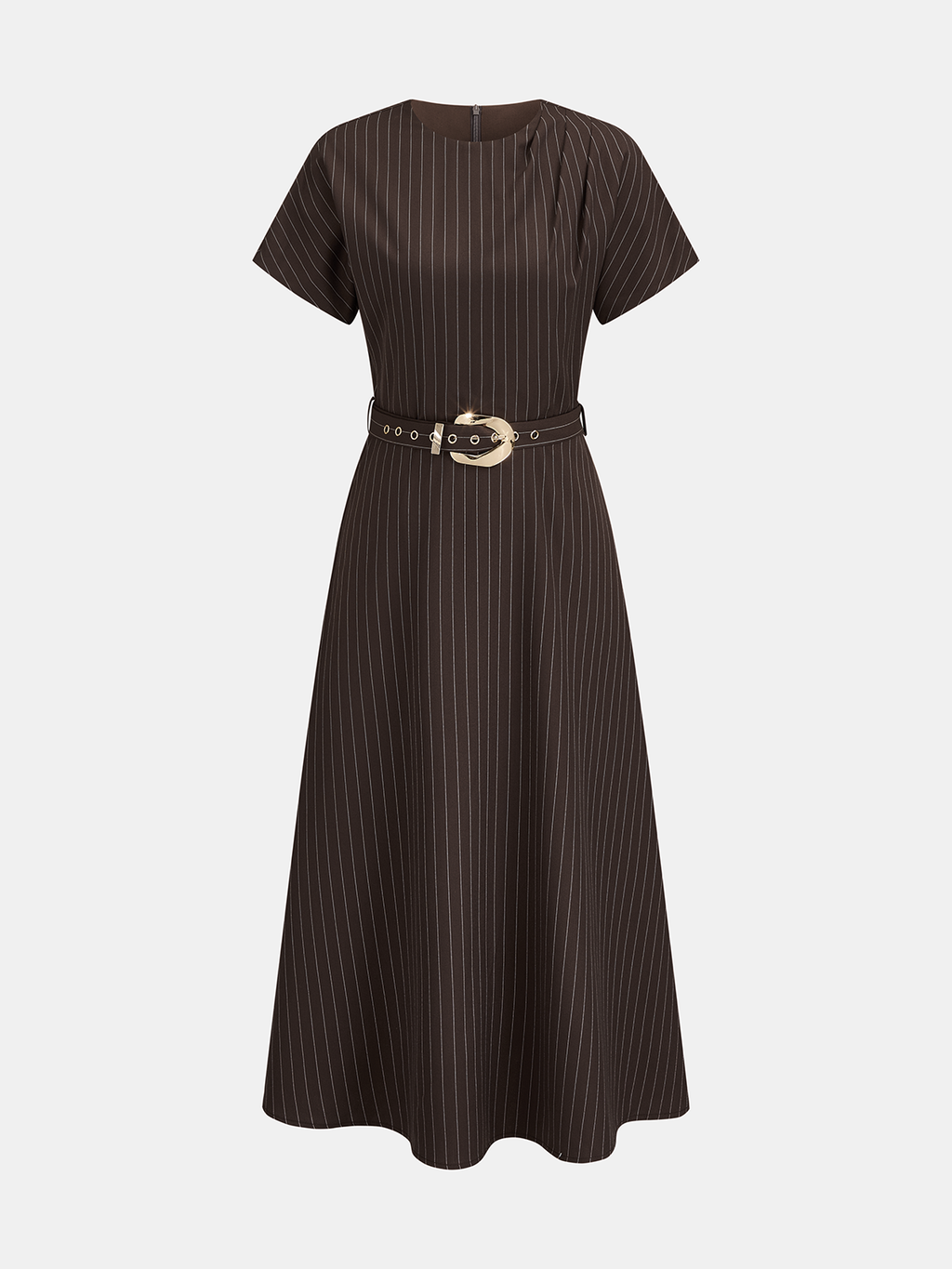 Pinstripe Short Sleeve Belted Midi Dress