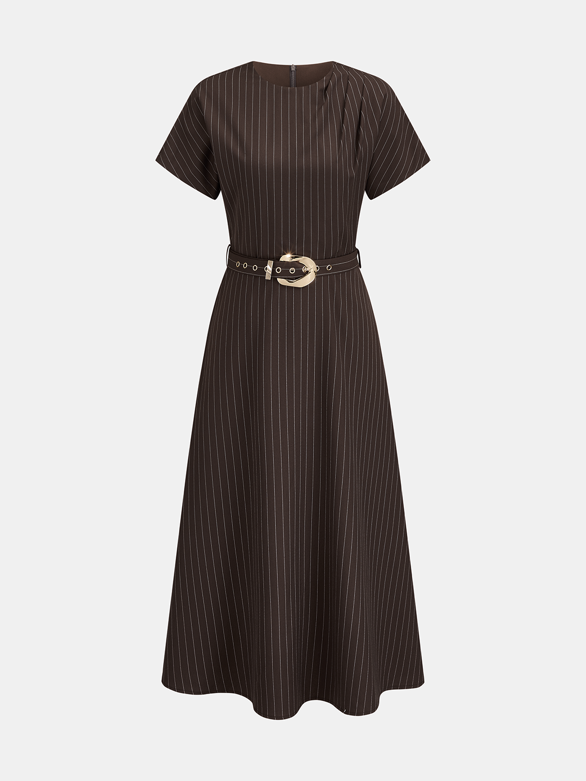 Pinstripe Short Sleeve Belted Midi Dress