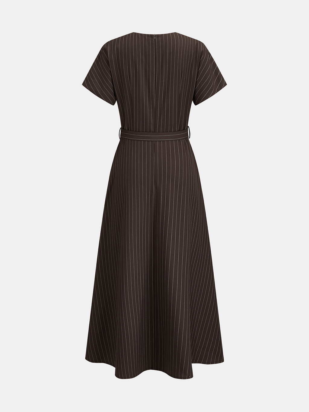 Pinstripe Short Sleeve Belted Midi Dress