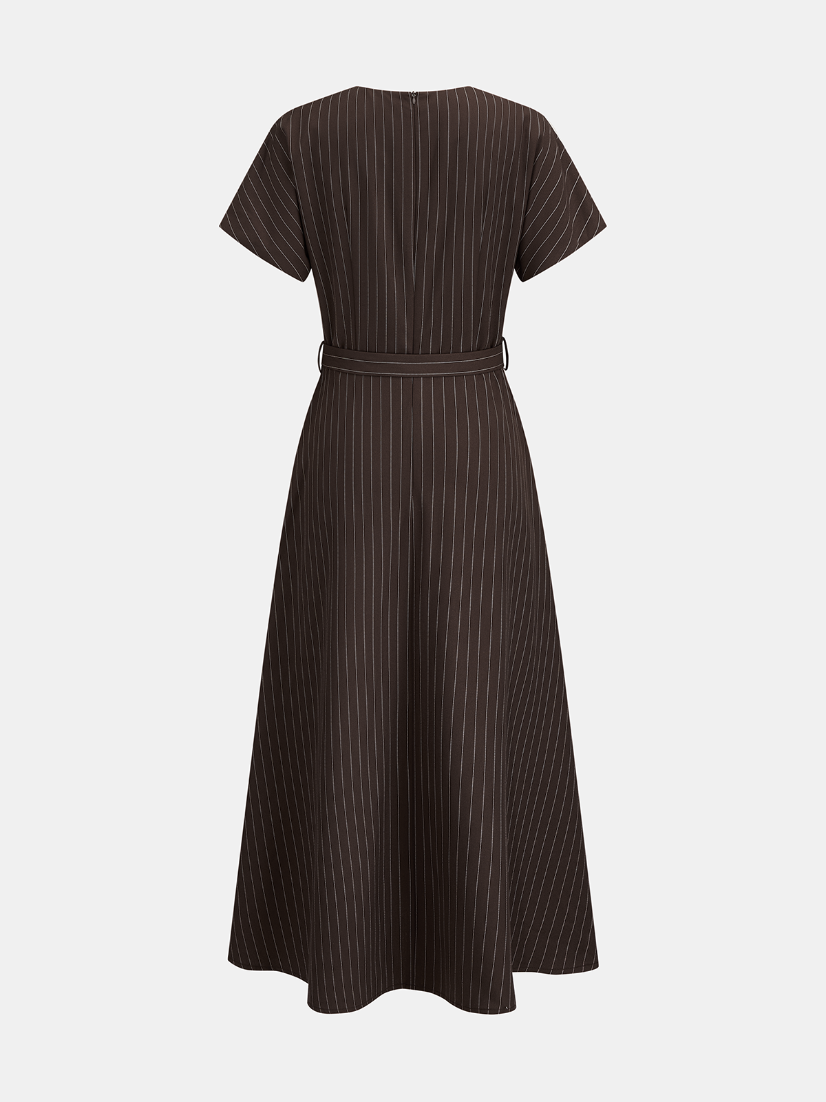 Pinstripe Short Sleeve Belted Midi Dress