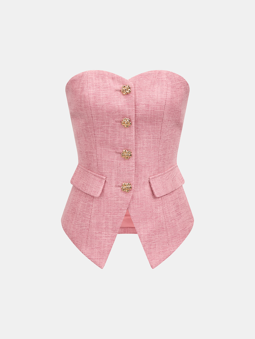 Tweed Flower Button Strapless Corset Top