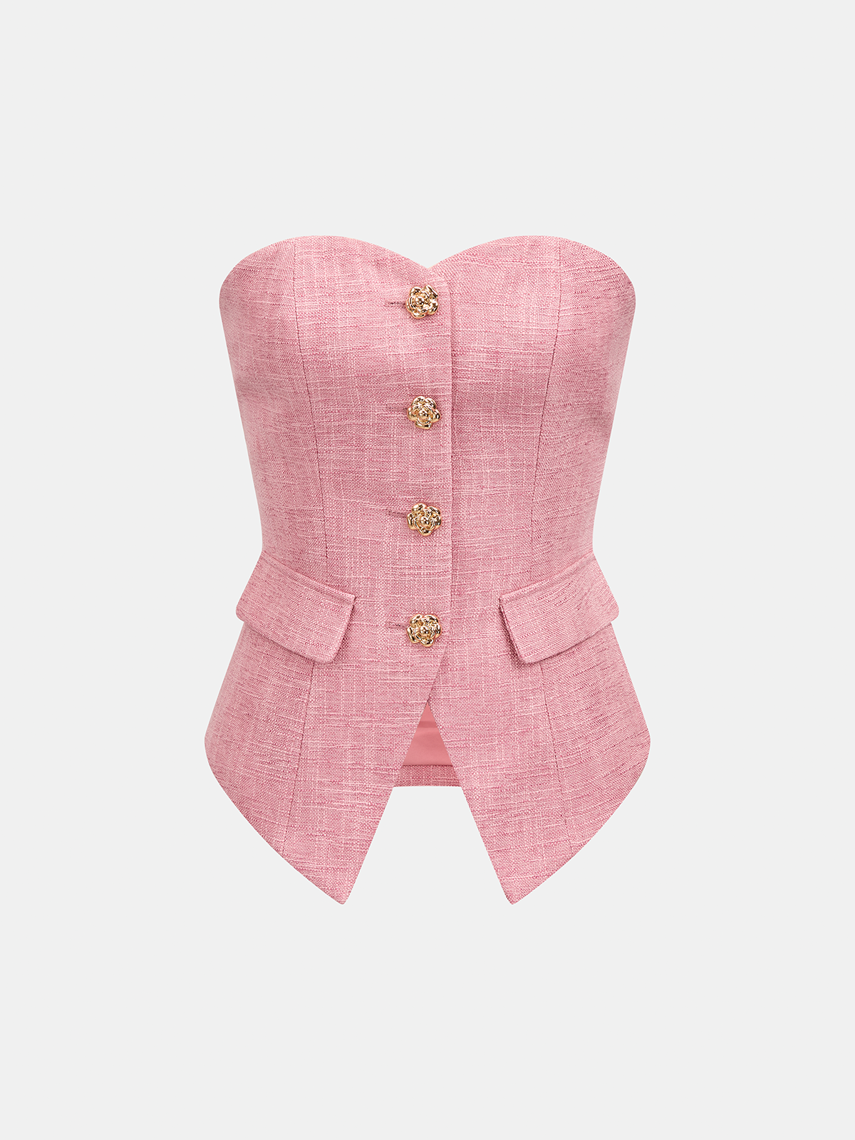 Tweed Flower Button Strapless Corset Top