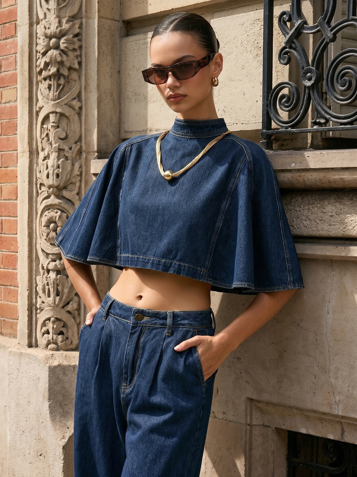 Cape Sleeve Back Zipper Cropped Denim Top