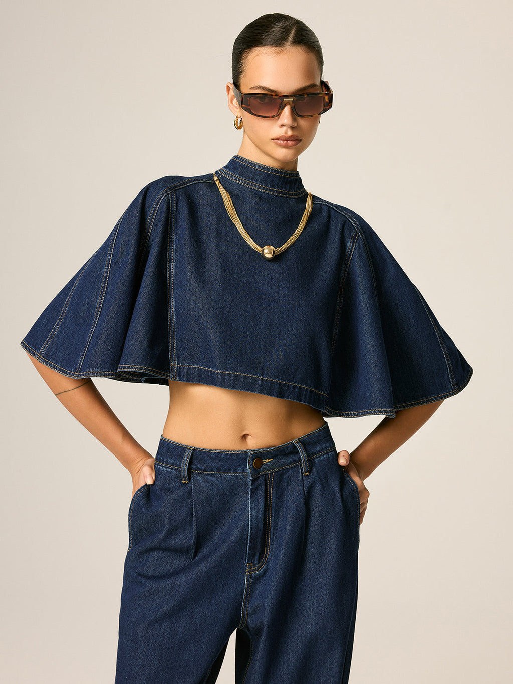 Cape Sleeve Back Zipper Cropped Denim Top