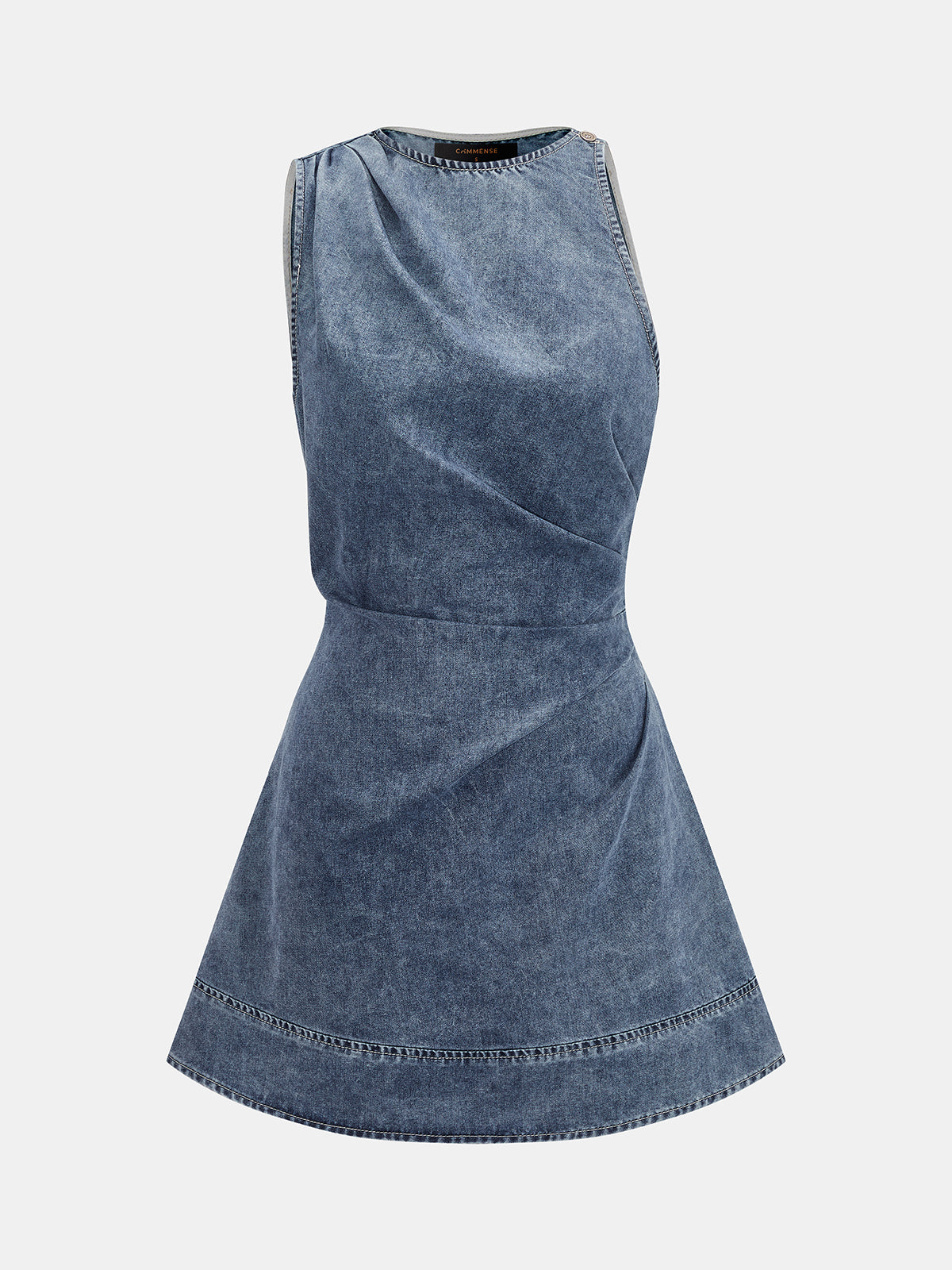 Ruched Sleeveless Asymmetric Denim Mini Dress