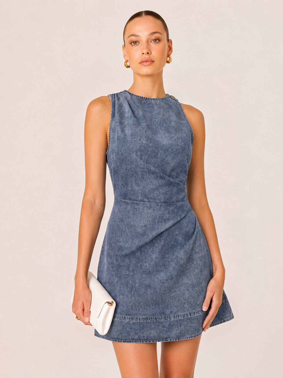 Ruched Sleeveless Asymmetric Denim Mini Dress