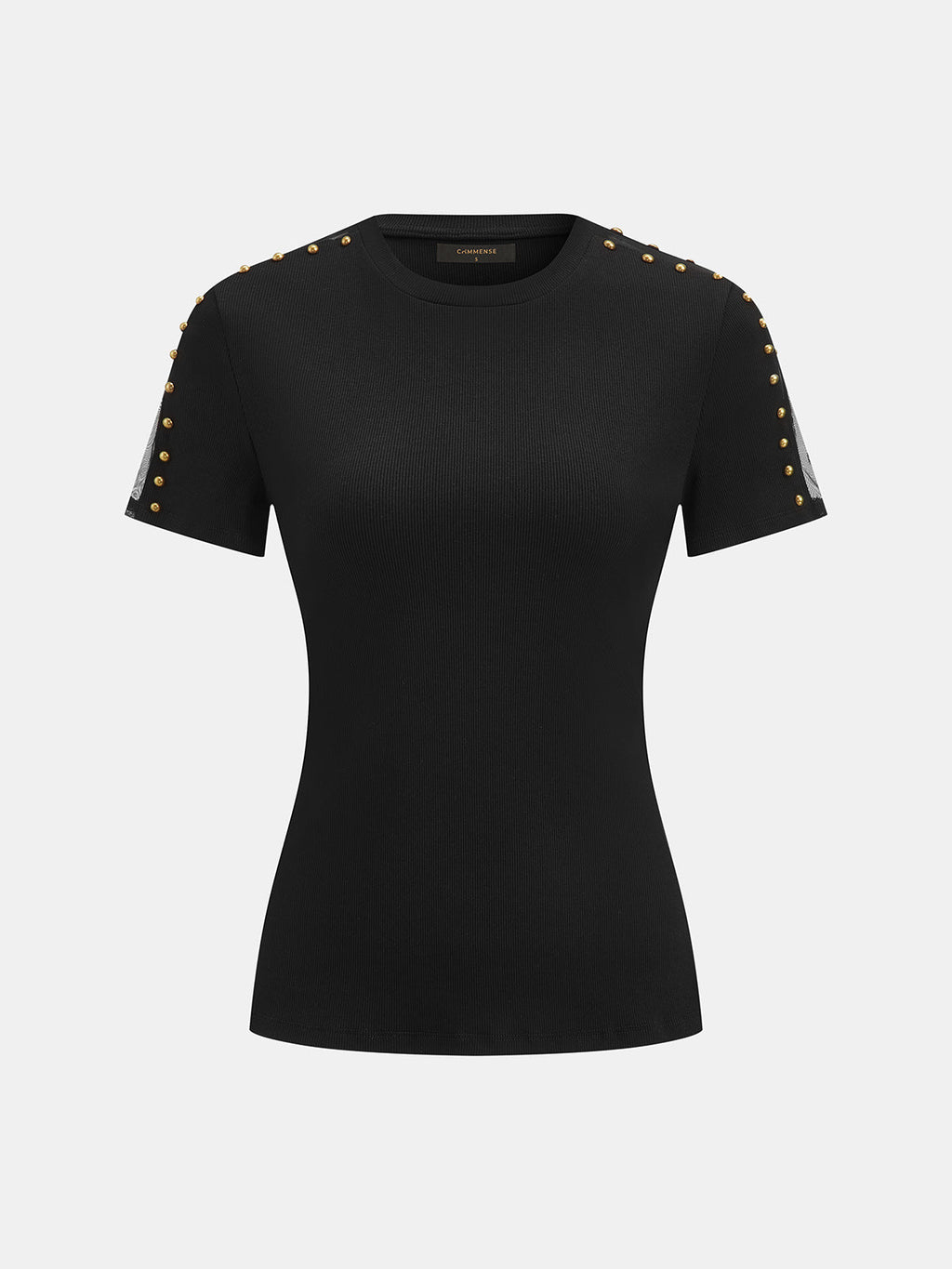 Studded Mesh Ribbed Short Sleeve T-Shirt