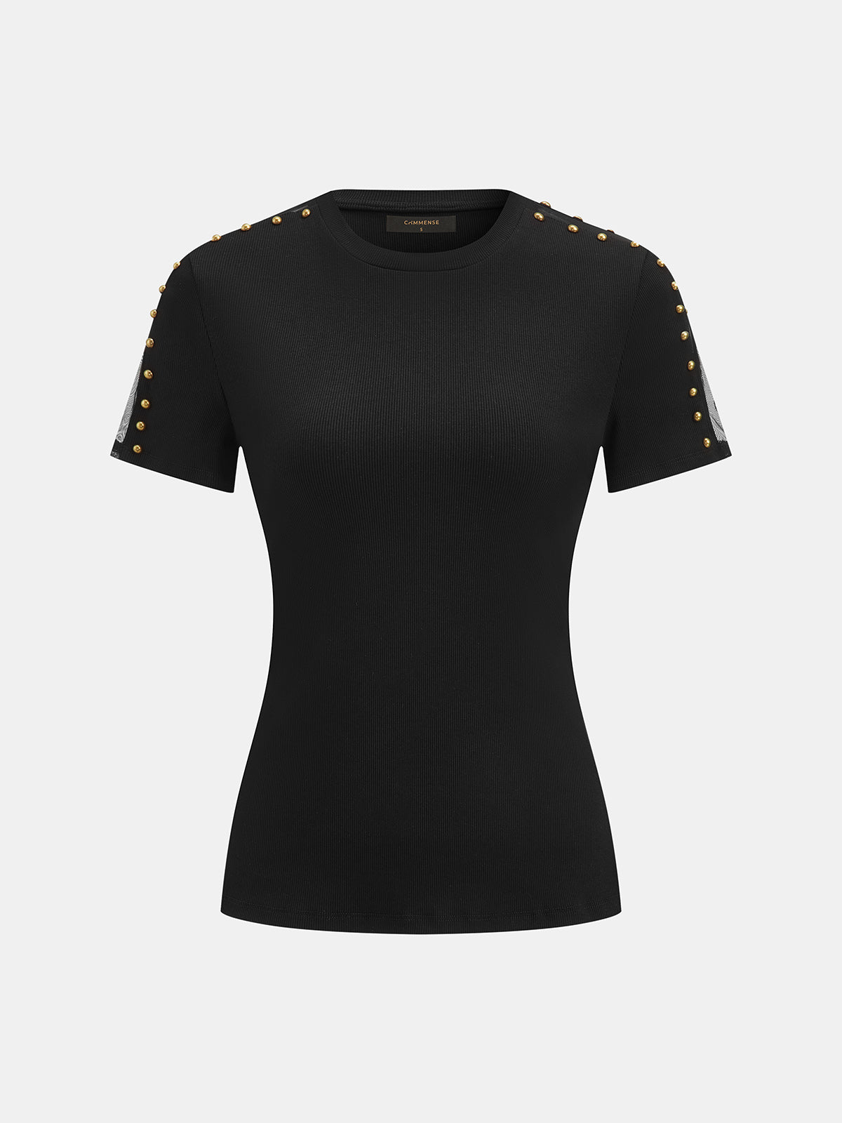 Studded Mesh Ribbed Short Sleeve T-Shirt