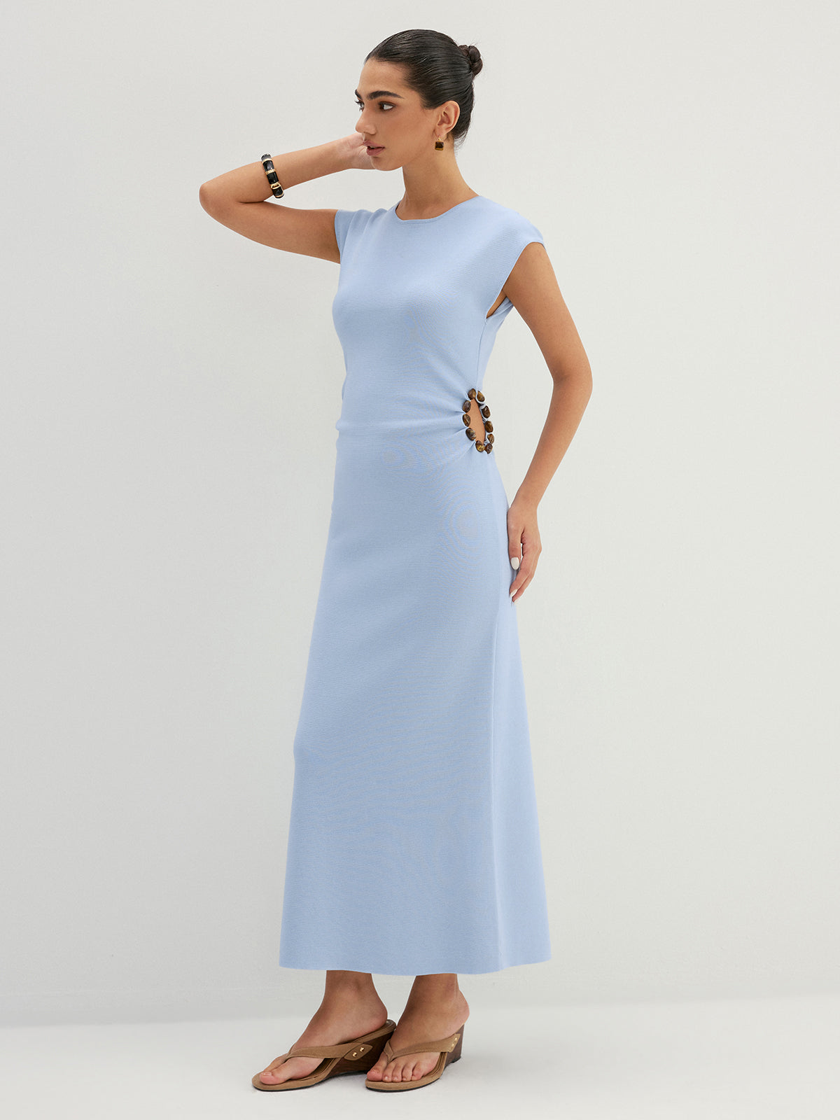 Side Bead Cutout Sleeveless Knit Midi Dress