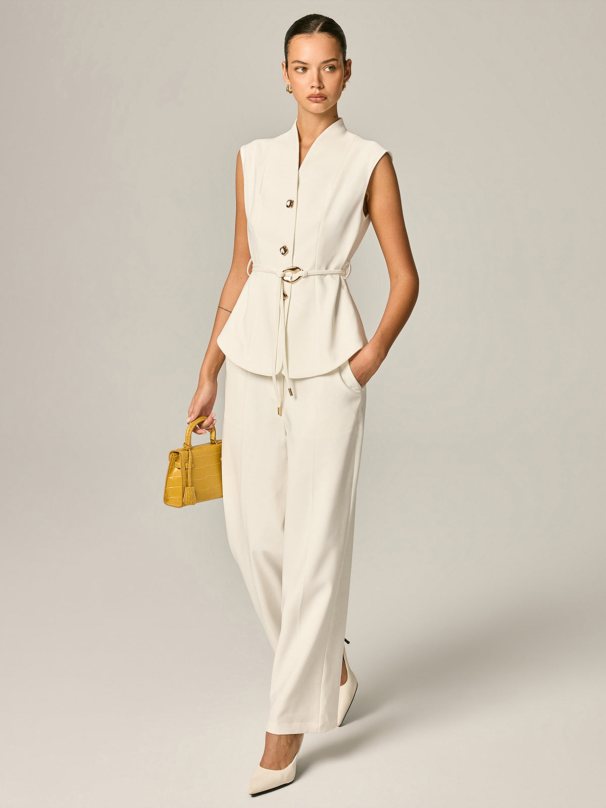 Stand Collar Belted Vest & Pants Set