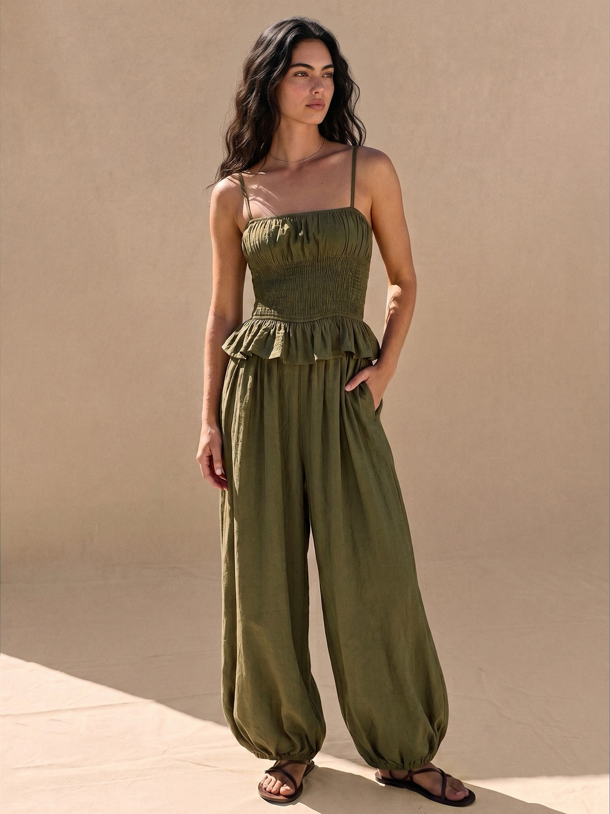 Smocked Ruffle Cami Balloon Hem Jumpsuit