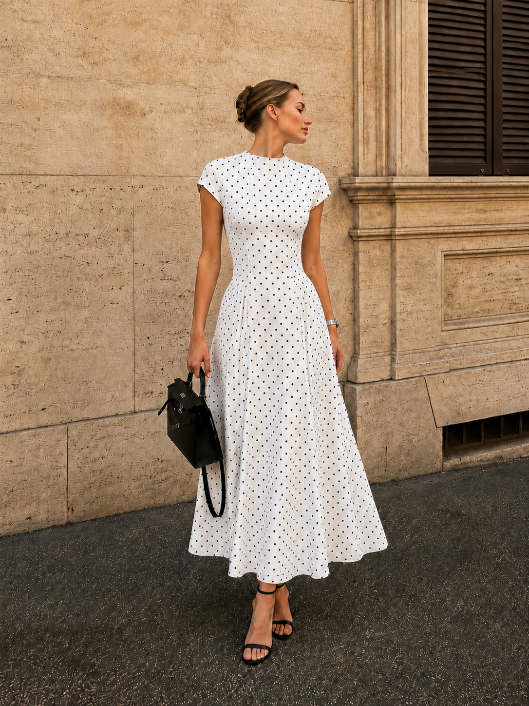 Cap Sleeve Polka Dot Fit Flare Maxi Dress