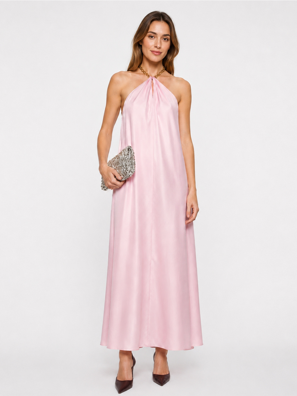 Chain Halter Satin Maxi Dress