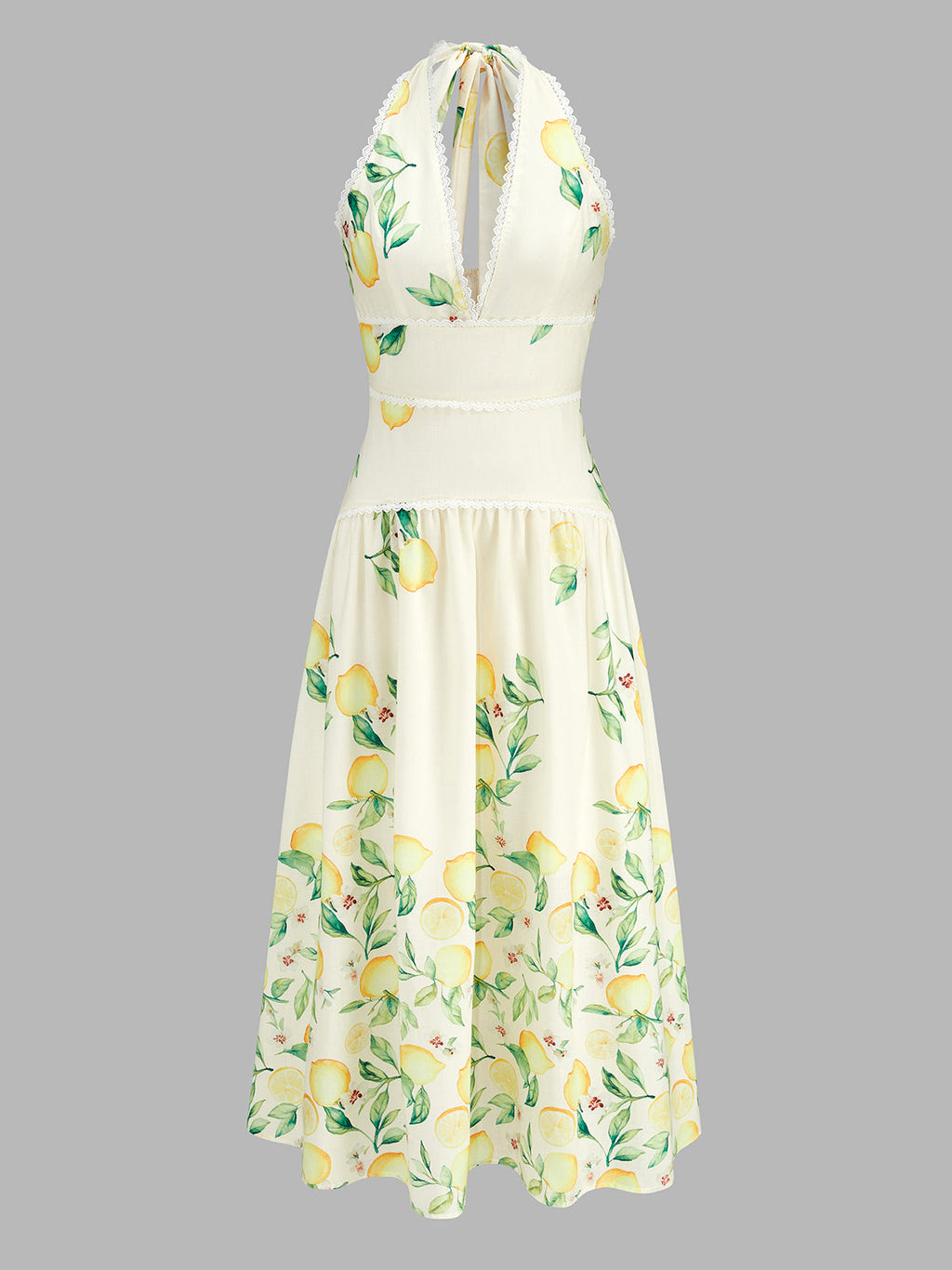 Lemon Print Halter Lace Trim Flared Midi Dress