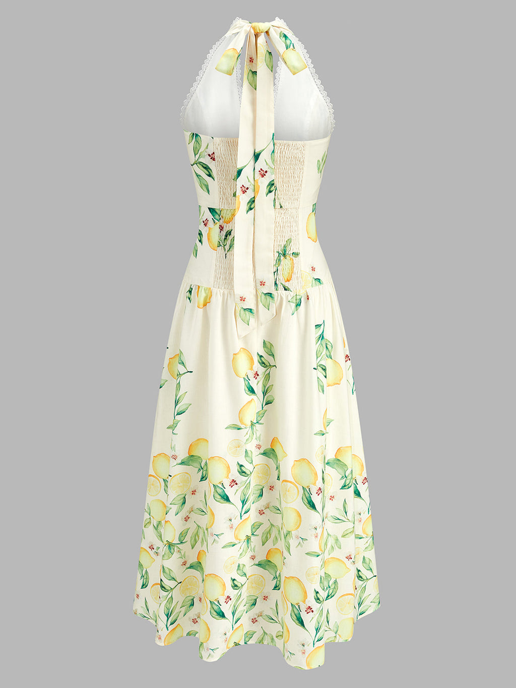 Lemon Print Halter Lace Trim Flared Midi Dress