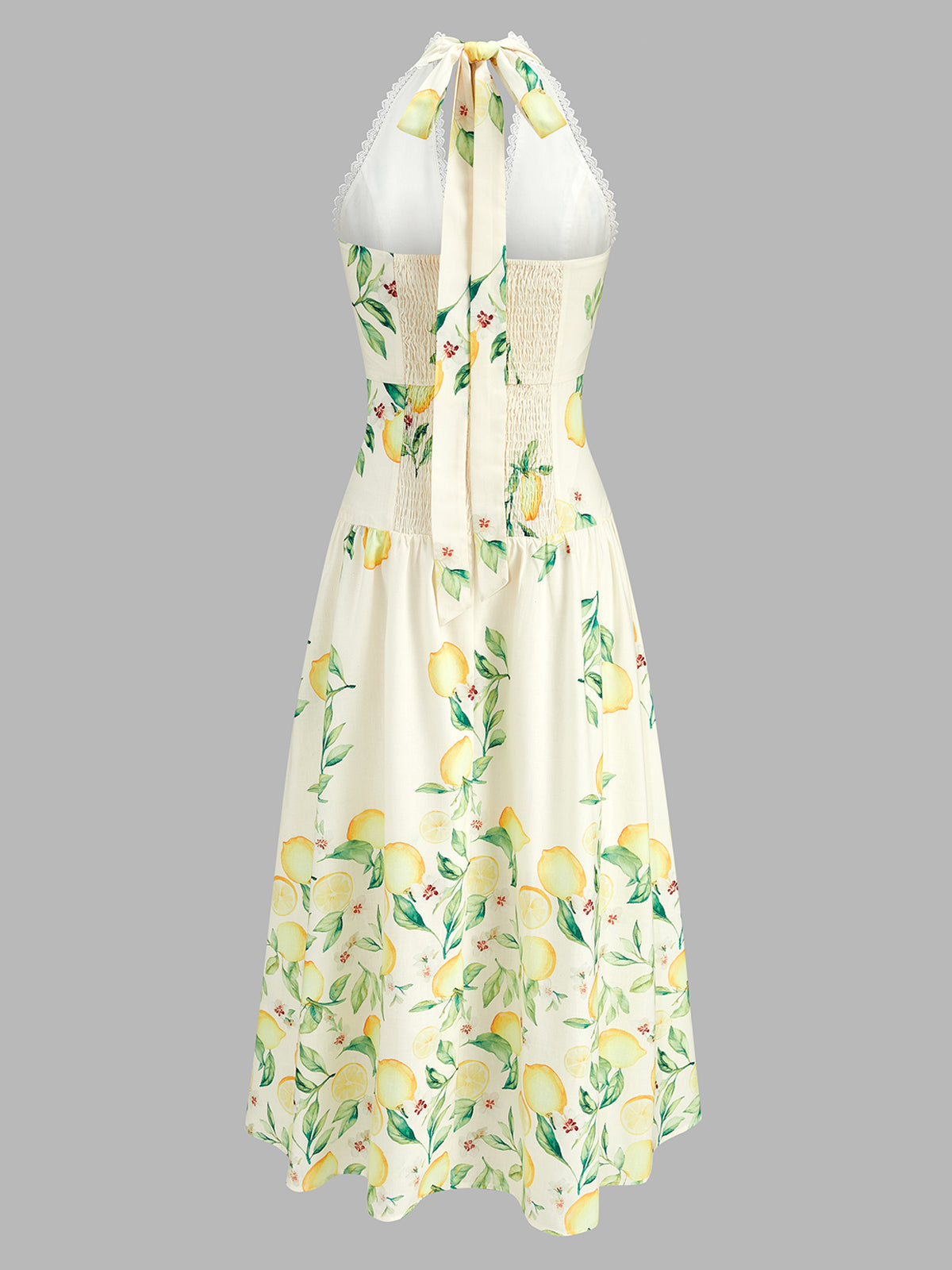 Lemon Print Halter Lace Trim Flared Midi Dress