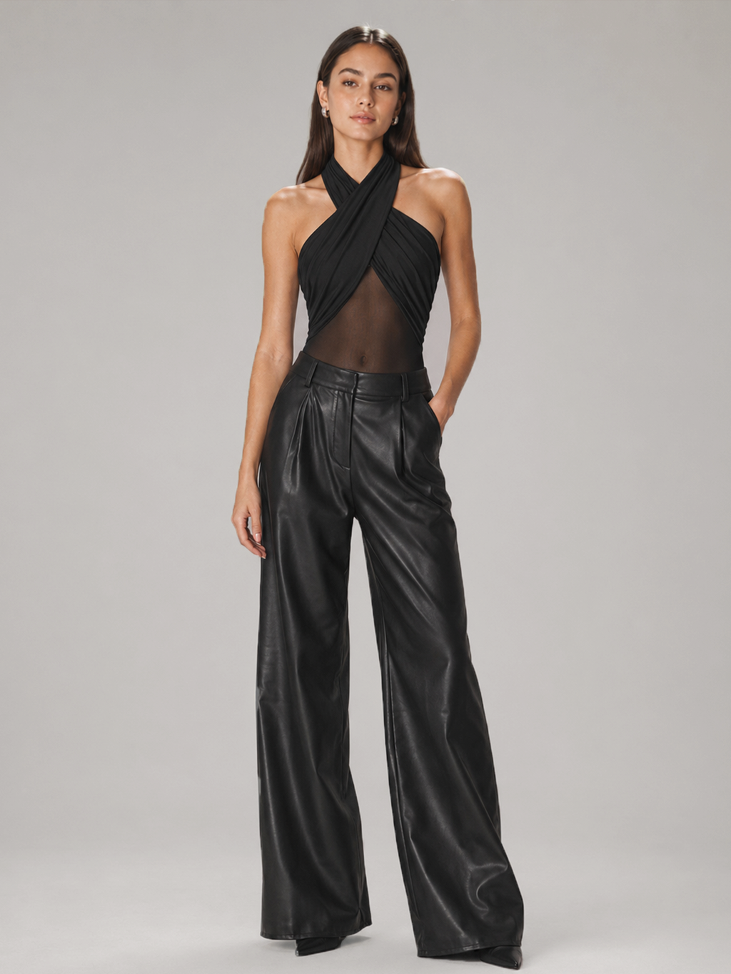 Cross Halter Mesh Panel Bodysuit