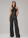 Cross Halter Mesh Panel Bodysuit