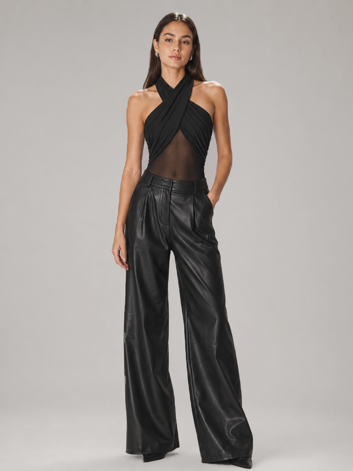 Cross Halter Mesh Panel Bodysuit