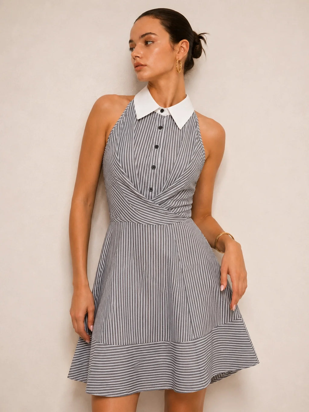 Contrast Collar Halter Striped Mini Dress