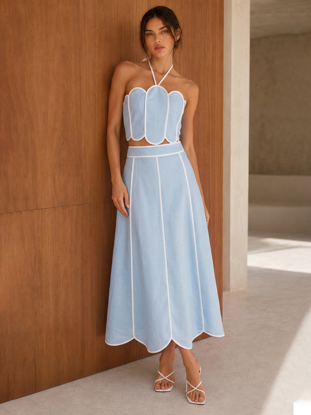 Scallop Trim Halter Crop Top & Skirt Set