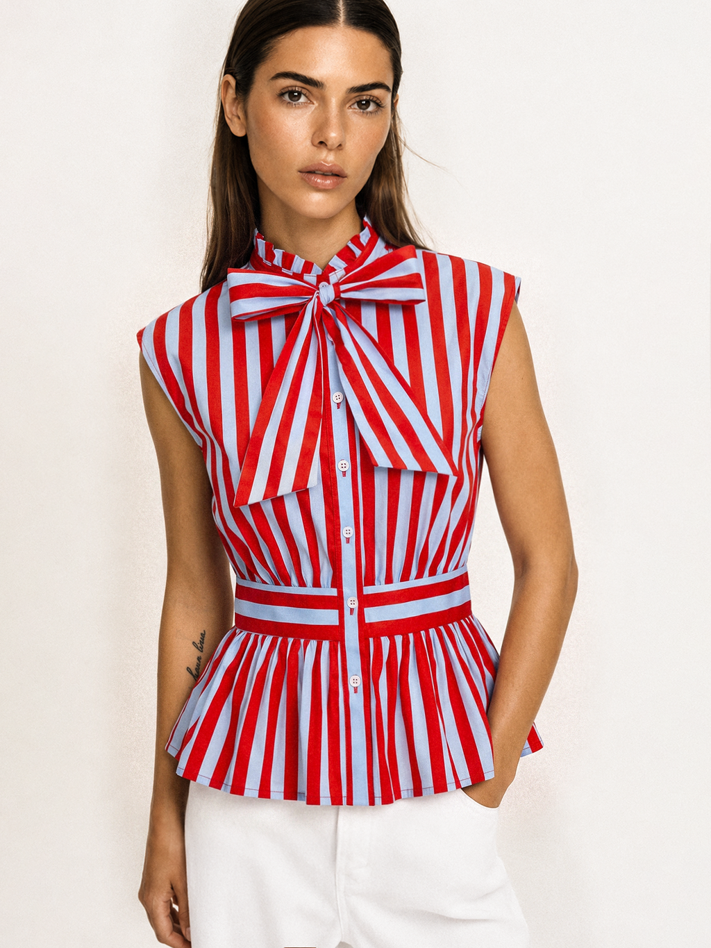 Striped Bow Tie Sleeveless Peplum Blouse